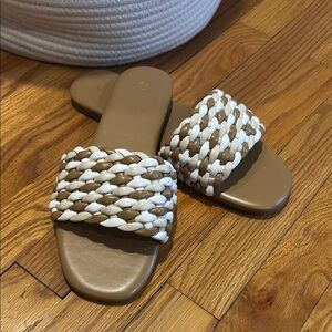 Stylish Tan and White Woven Slide Sandals